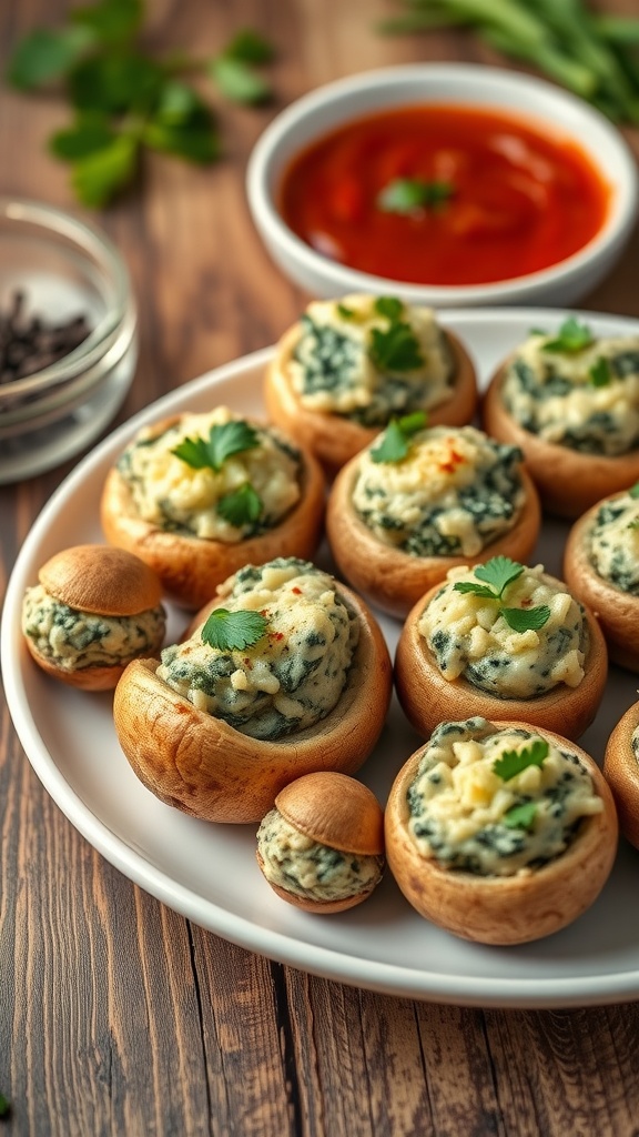 Savory stuffed mushrooms filled with spinach and cheese, garnished with parsley on a wooden table.